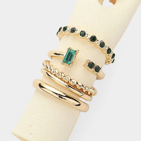 Green Metal Size 7 Stone Stackable 5 Piece Mixed Set Casual Ring Finger Jewelry - Picture 3 of 3